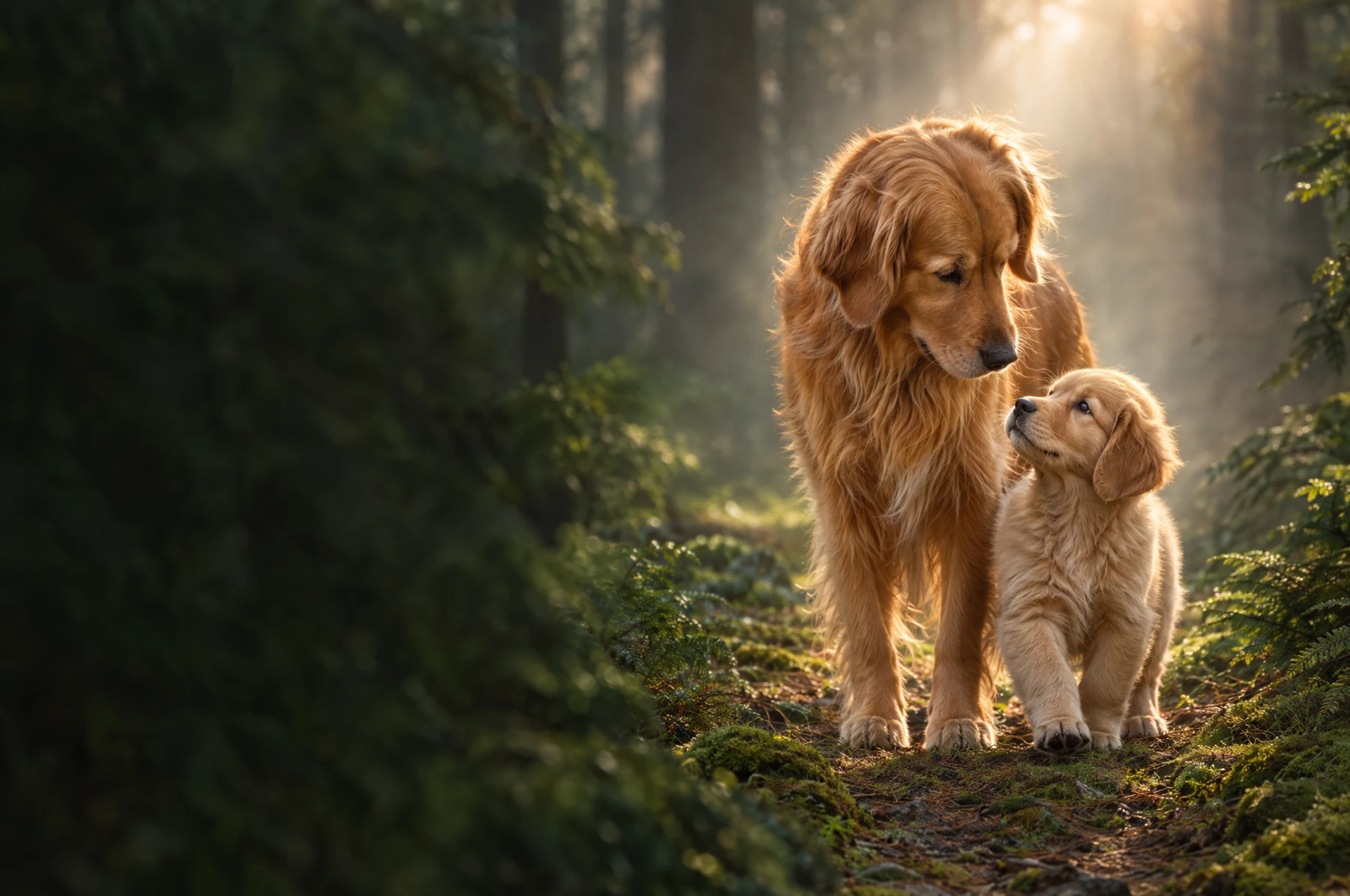 Сайт в стиле Природа: золотистый ретривер и щенок в лесу